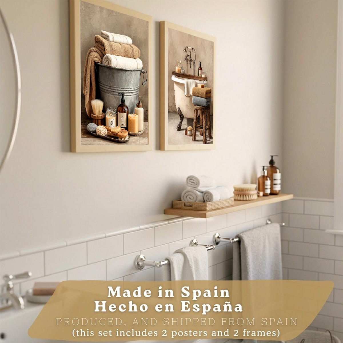 POSTER 2er-Set dekorative Badezimmerdrucke, rustikaler Stil, Vintage-Spa-Bilder mit Handtüchern und Badewanne,, Wohndekoration Leichter Holzrahmen A3 - Beige, Papier (42/29.7/3cm) - Nacnic