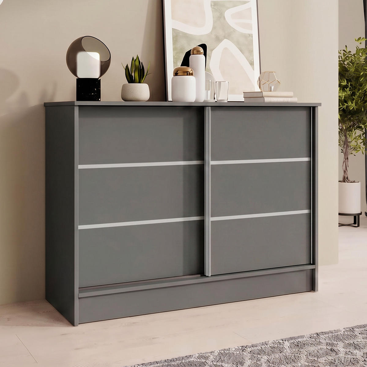 KOMMODE Mirela mit 2 Schiebetüren 100 cm, Graphit - Graphitfarben, Holzwerkstoff (101/85/43.5cm) - Beautysofa