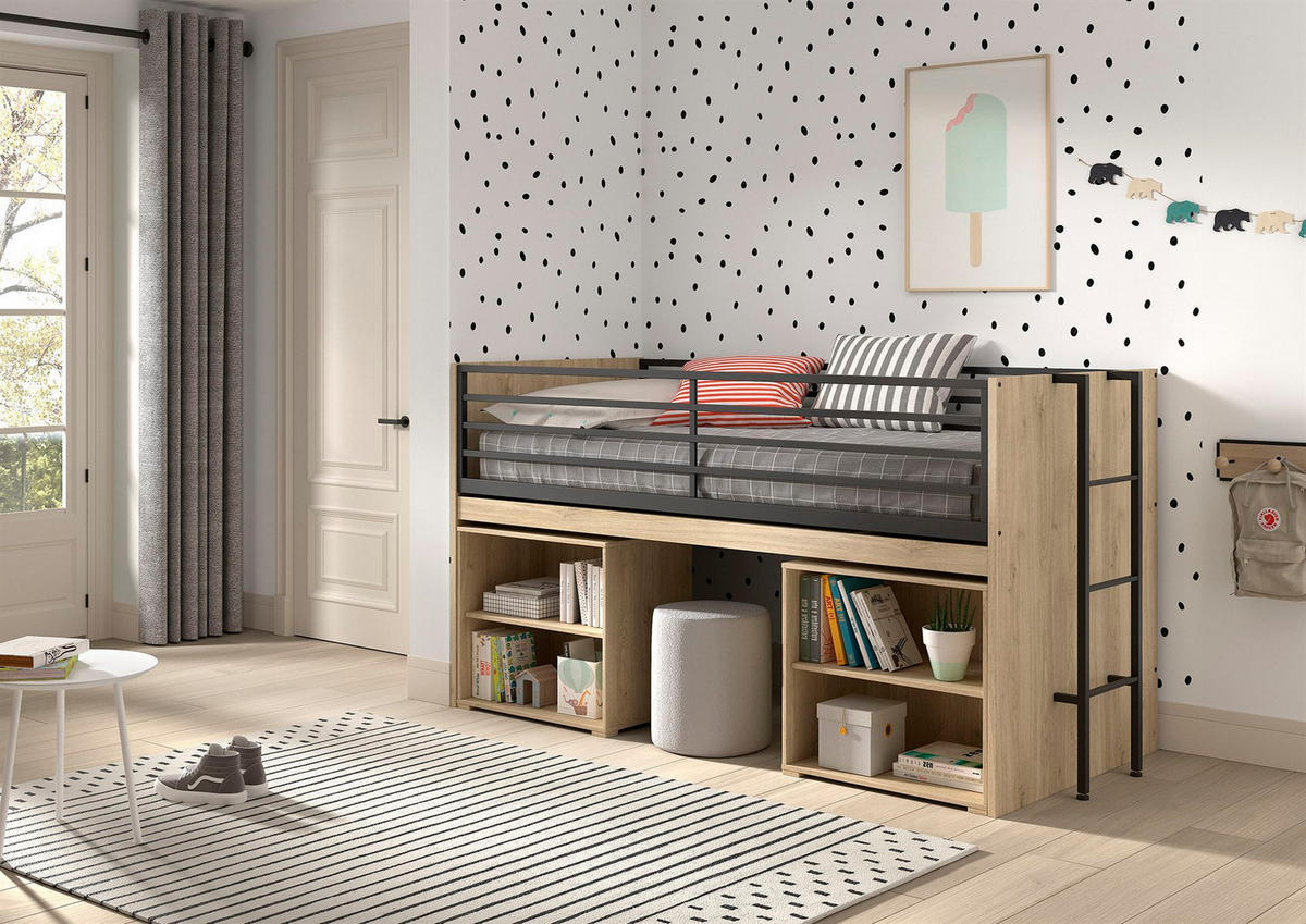 HALBHOCHBETT 90x200 Keelia Eiche mit Schreibtisch Stauraum - Eichefarben, Kunststoff (90/200cm) - 58aufmkessel