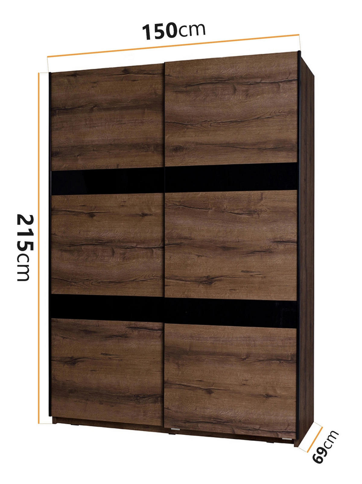 SCHWEBETÜRENSCHRANK Martin 150/215/69 2-türig - Schwarz Hochglanz/Schwarz, Holzwerkstoff/Metall (150/215/69cm) - Ravio