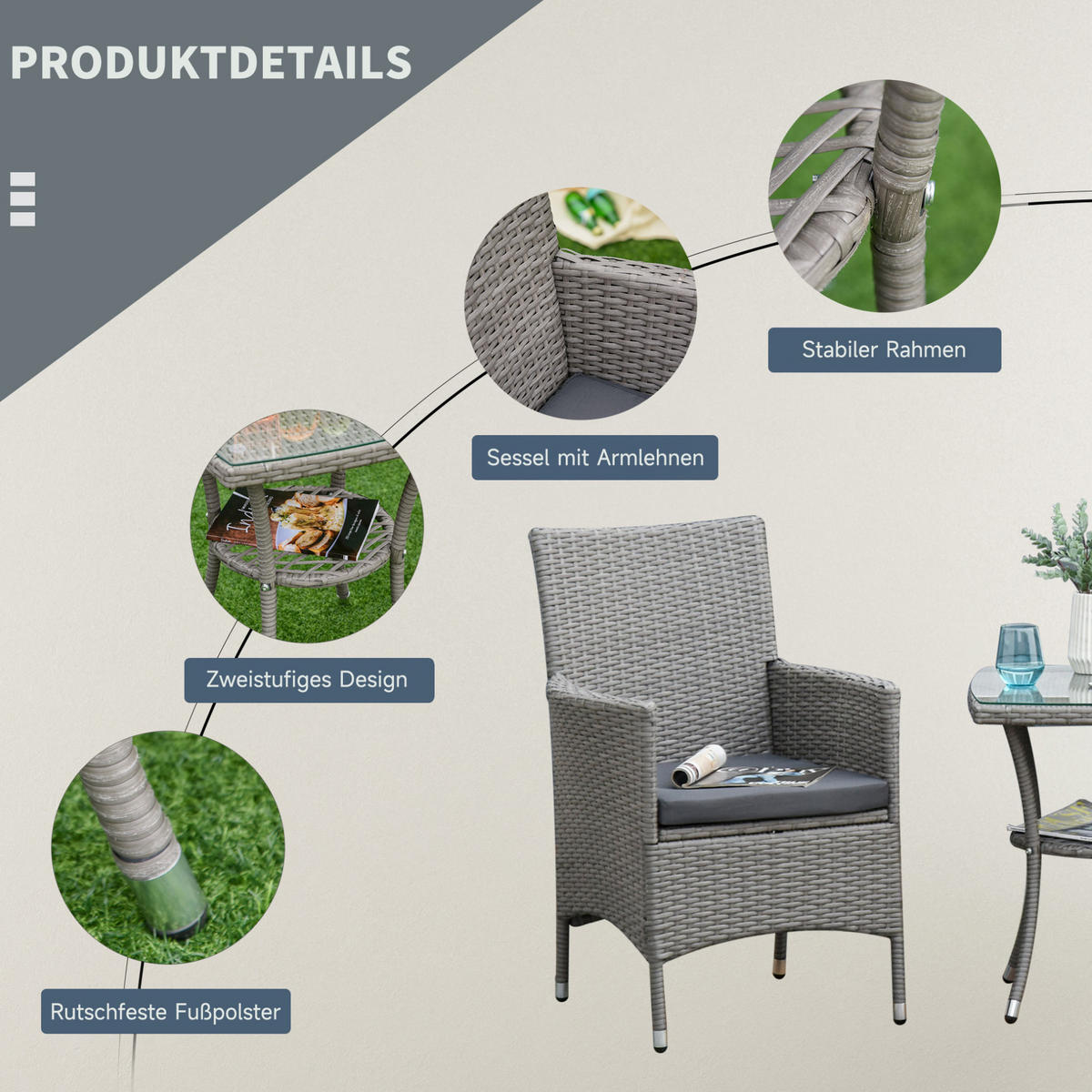 BISTRO set z ratanu 60x58,5x89,5 cm šedé s odkládacím stolkem, polstry - šedá, přírodní materiály - Modfu