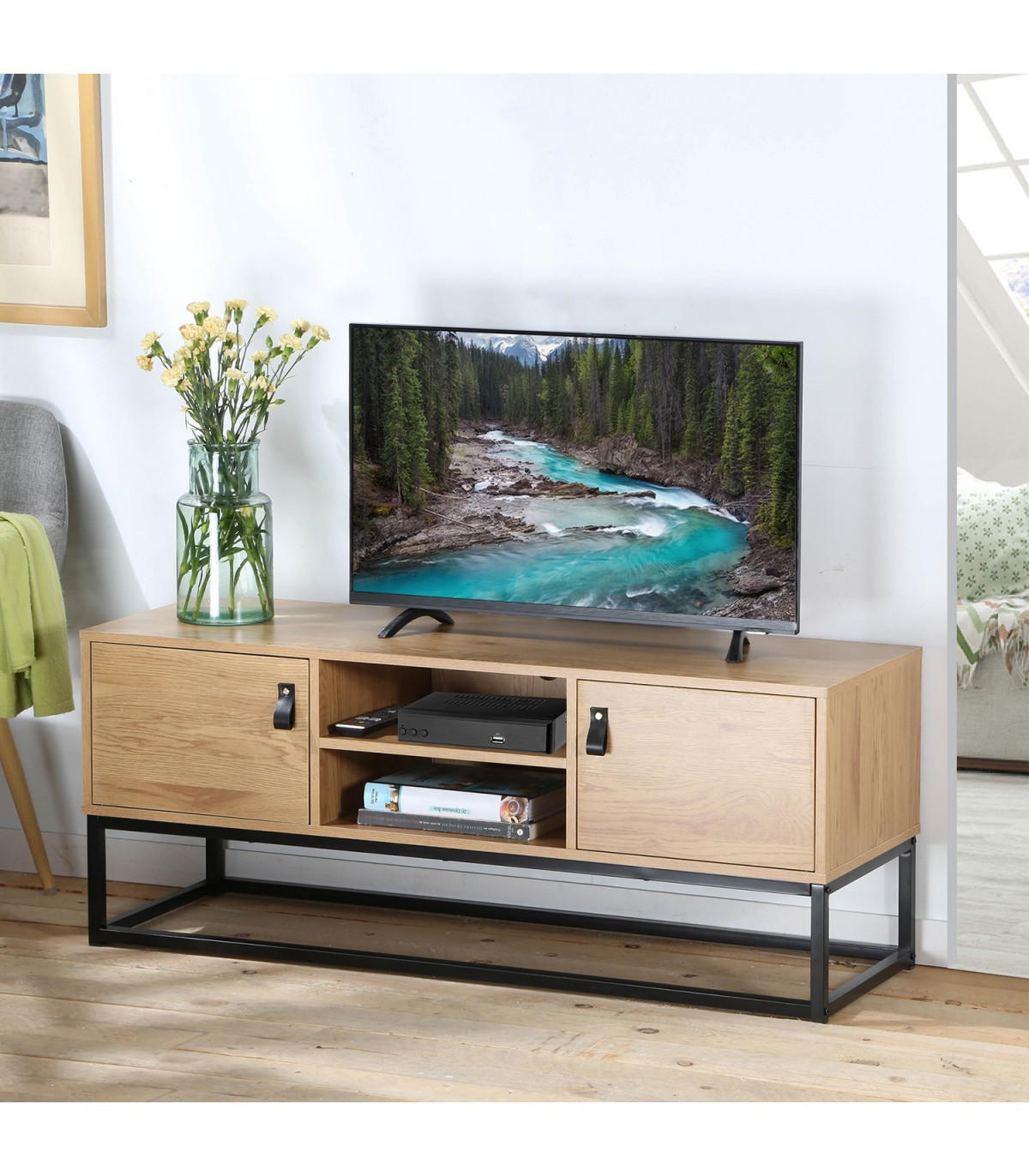 TV-MÖBEL Eiche Dekor 2 Türen und zentrale Ablage - L120 cm - Nussbaumfarben, Holzwerkstoff (39/48/120cm) - Calicosy