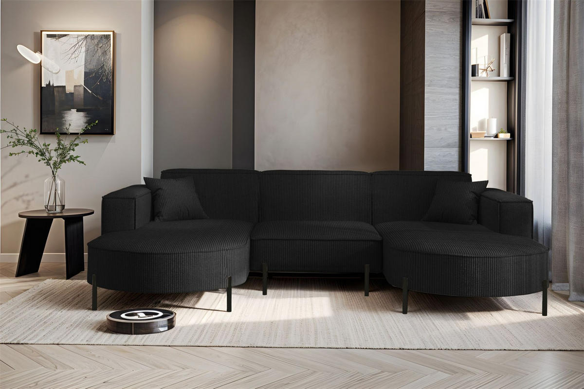 WOHNLANDSCHAFT Valencia - Schwarz, Holzwerkstoff/Textil (299/80/165cm) - Fun Möbel