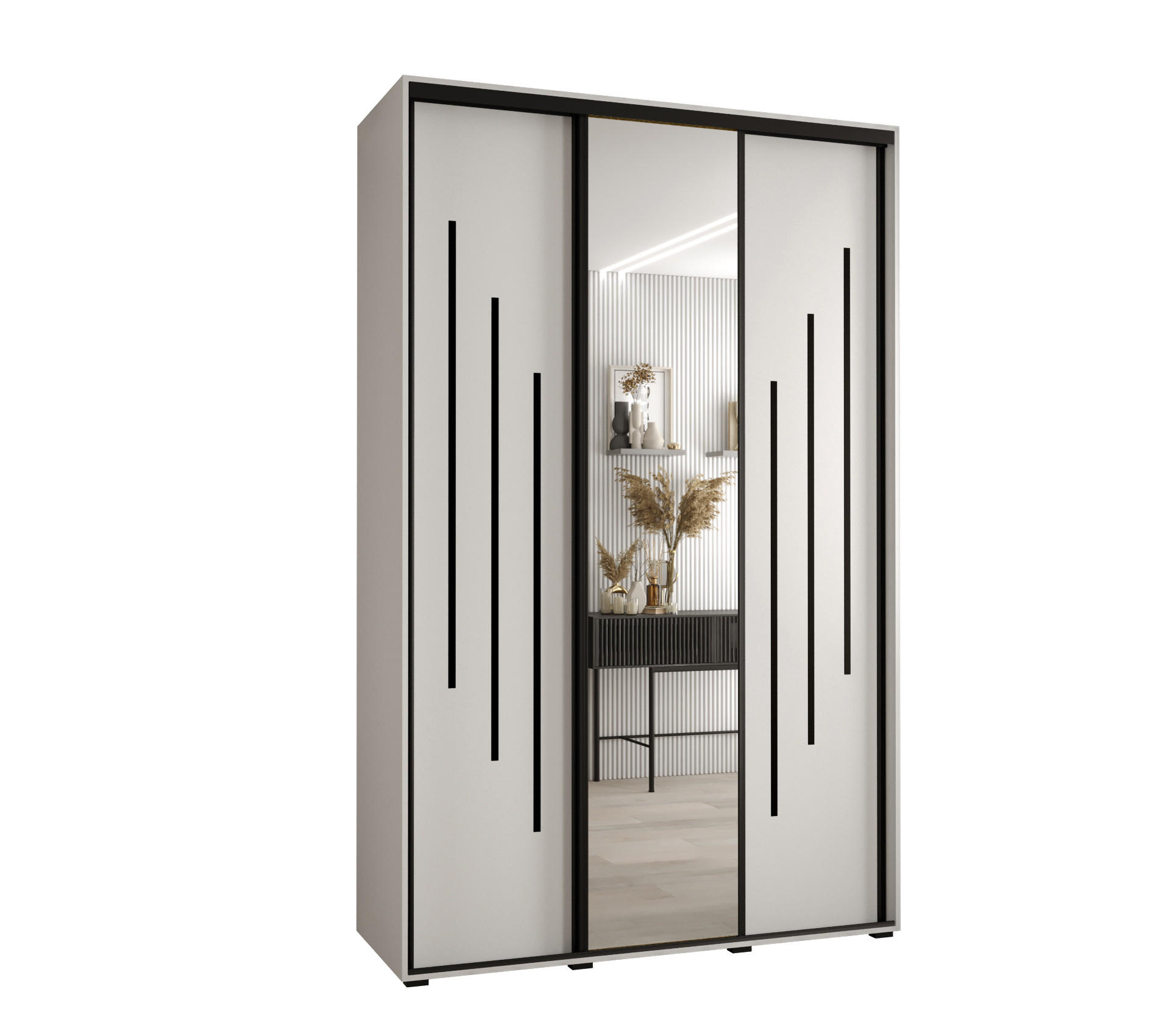 Abiks Möbel Schwebetürenschrank Weiß, Weiß, Schwarz 160x235x60 cm