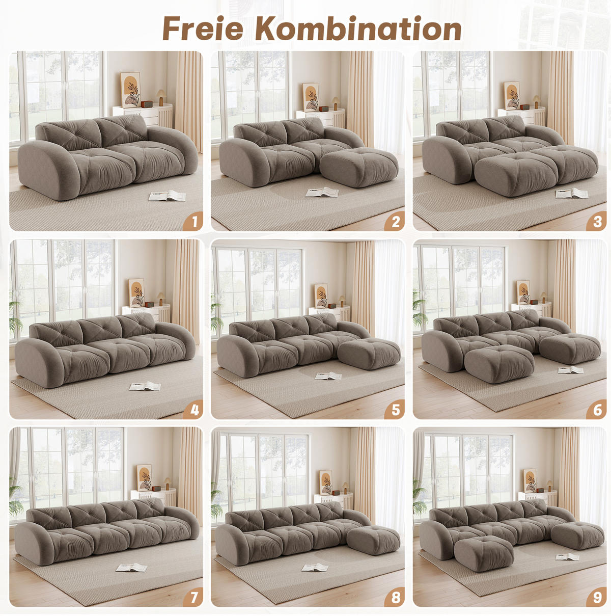 MODULSOFA 4-Sitzer aus Chenille mit rahmenlosem Design Taupe - Taupe, Textil (95/76/358cm) - Modenvie