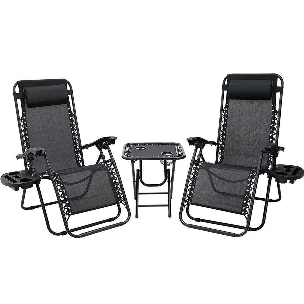 SONNENLIEGEN 2er Set klappbar mit Tisch, Schwarz - Schwarz, Metall (64/90/110cm) - Kaket