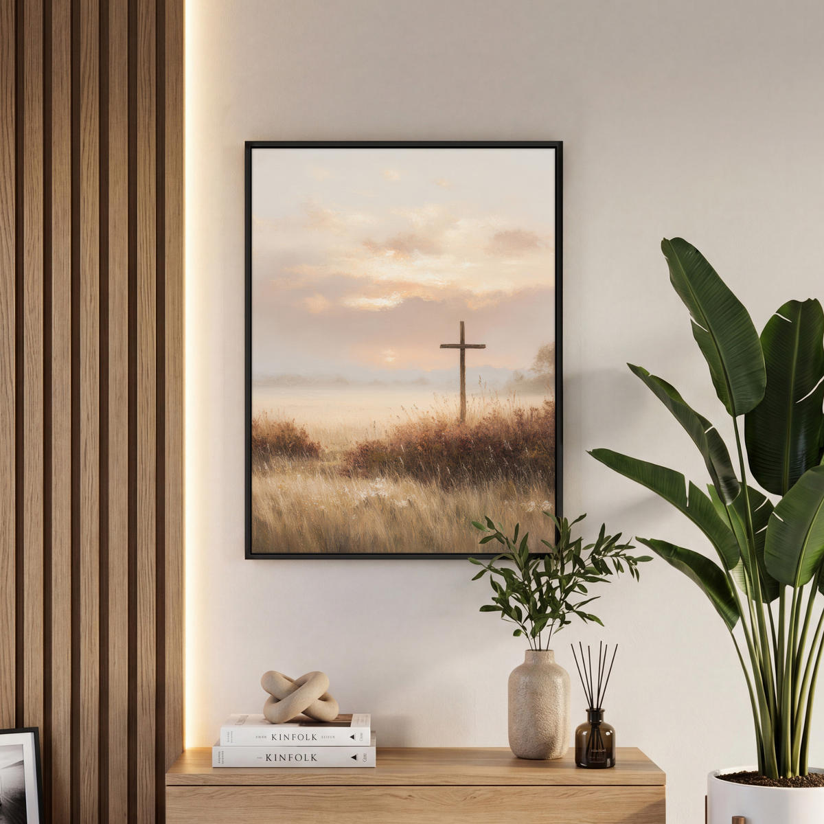 LEINWAND Bilder mit Rahmen - Gras - Morgennebel - Kreuz - Christentum - 60x80 - Beige, Textil (60/80cm) - MuchoWow