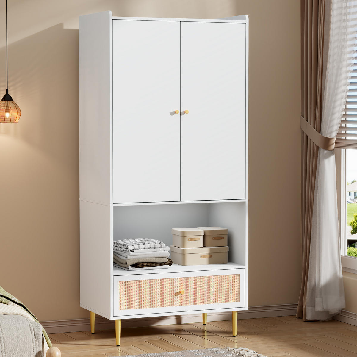 KLEIDERSCHRANK 80/48/175 cm weiß/natur aus Spanplatte mit Schublade - Weiß, Holzwerkstoff (48/175/80cm) - OKWISH