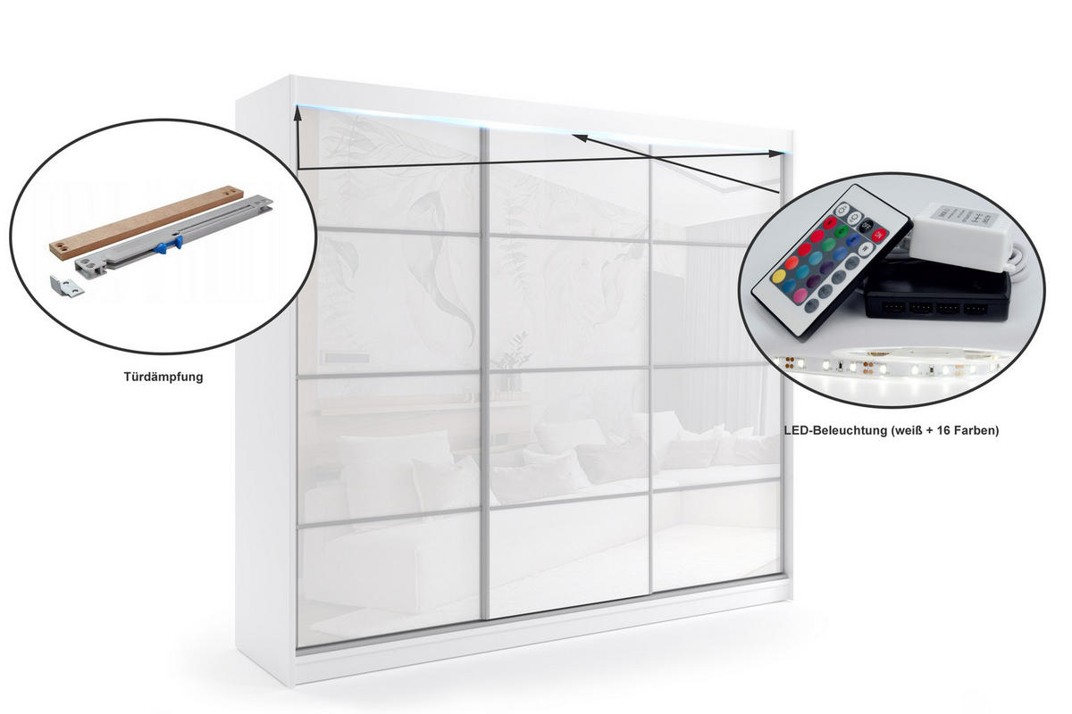 KLEIDERSCHRANK mit Lacobel-Schiebetüren und Aluminium-Leisten, LED-Beleuchtung - VIVONA - 180 cm Weiß - Weiß, Holzwerkstoff (180/216/61cm) - ALTDECOR