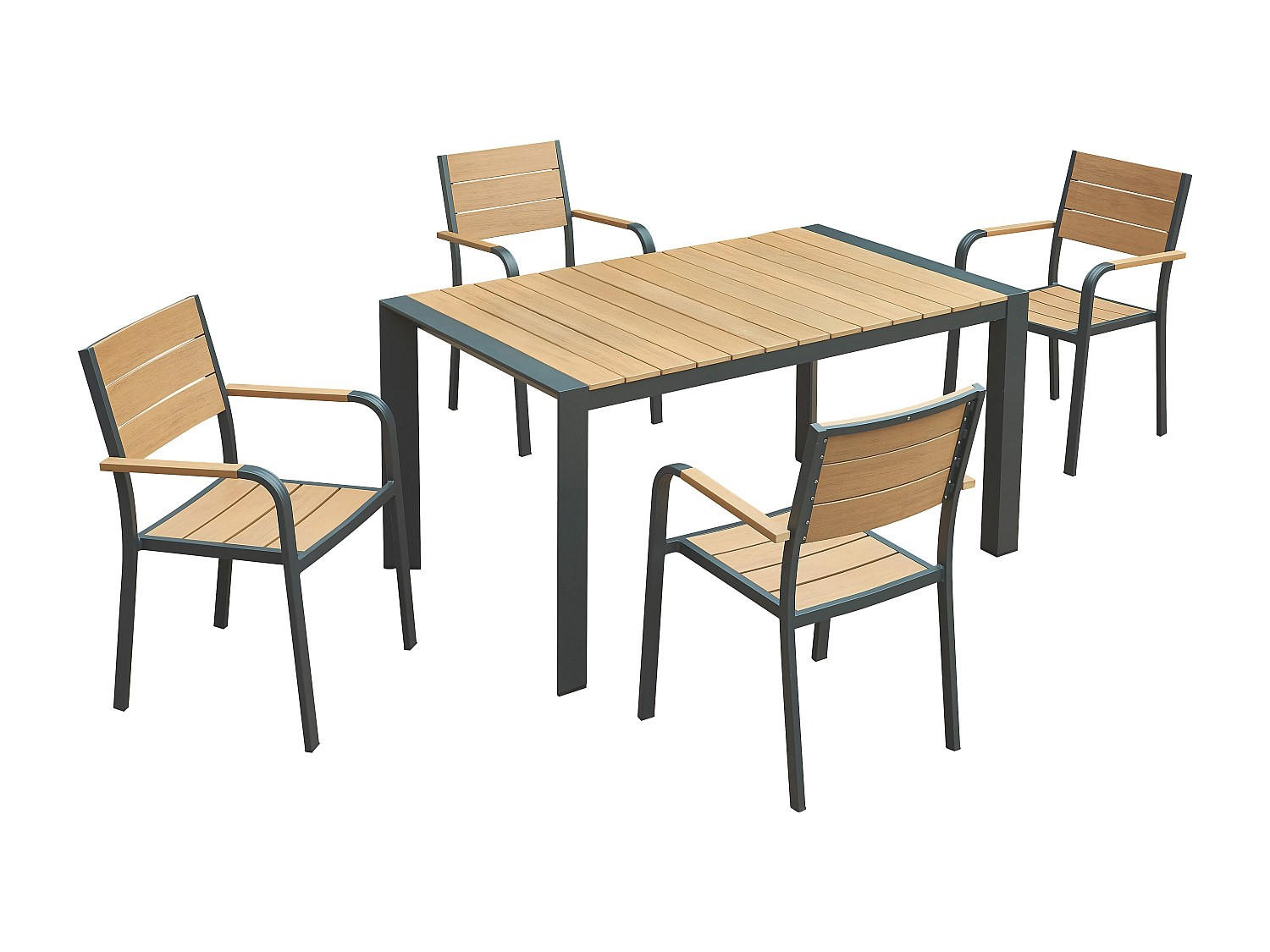 GARTEN-ESSTISCH-SET aus Aluminium: ein Tisch L.150 cm und 4 stapelbare Stühle - Hell-Natur und Anthrazit - NYROS von MYLIA - Anthrazit, Metall - Vente-Unique