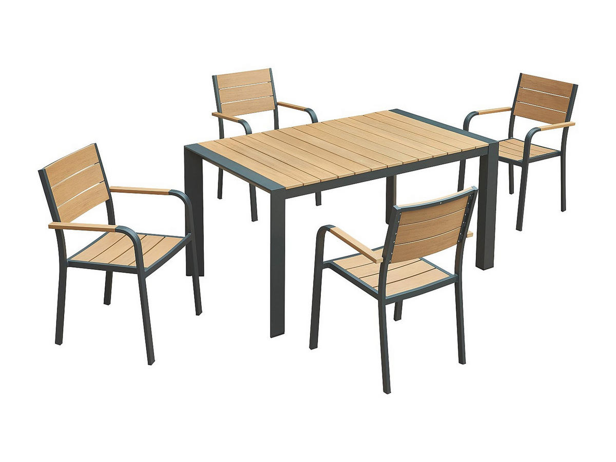 GARTEN-ESSTISCH-SET aus Aluminium: ein Tisch L.150 cm und 4 stapelbare Stühle - Hell-Natur und Anthrazit - NYROS von MYLIA - Anthrazit, Metall - Vente-Unique