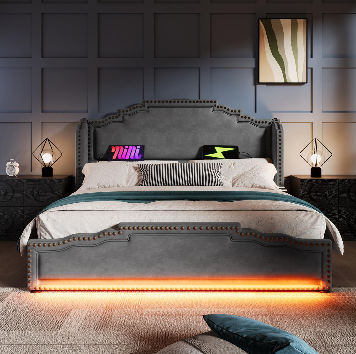BETT mit Matratze, 4 Schubladen, LED & USB-C 140x200 cm Samt Grau - Grau, Metall (140/200cm) - Meubliv