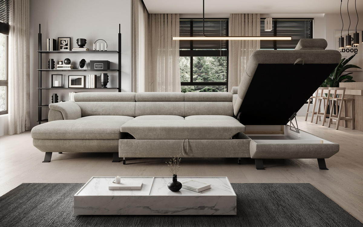 ECKSCHLAFSOFA Raven XL, Verstellbaren Kopfstützen, Bettkasten, Großes Sofa 334x198x162cm Rechte, Nata - Grau, Holz/Textil (334/198cm) - DomoHome