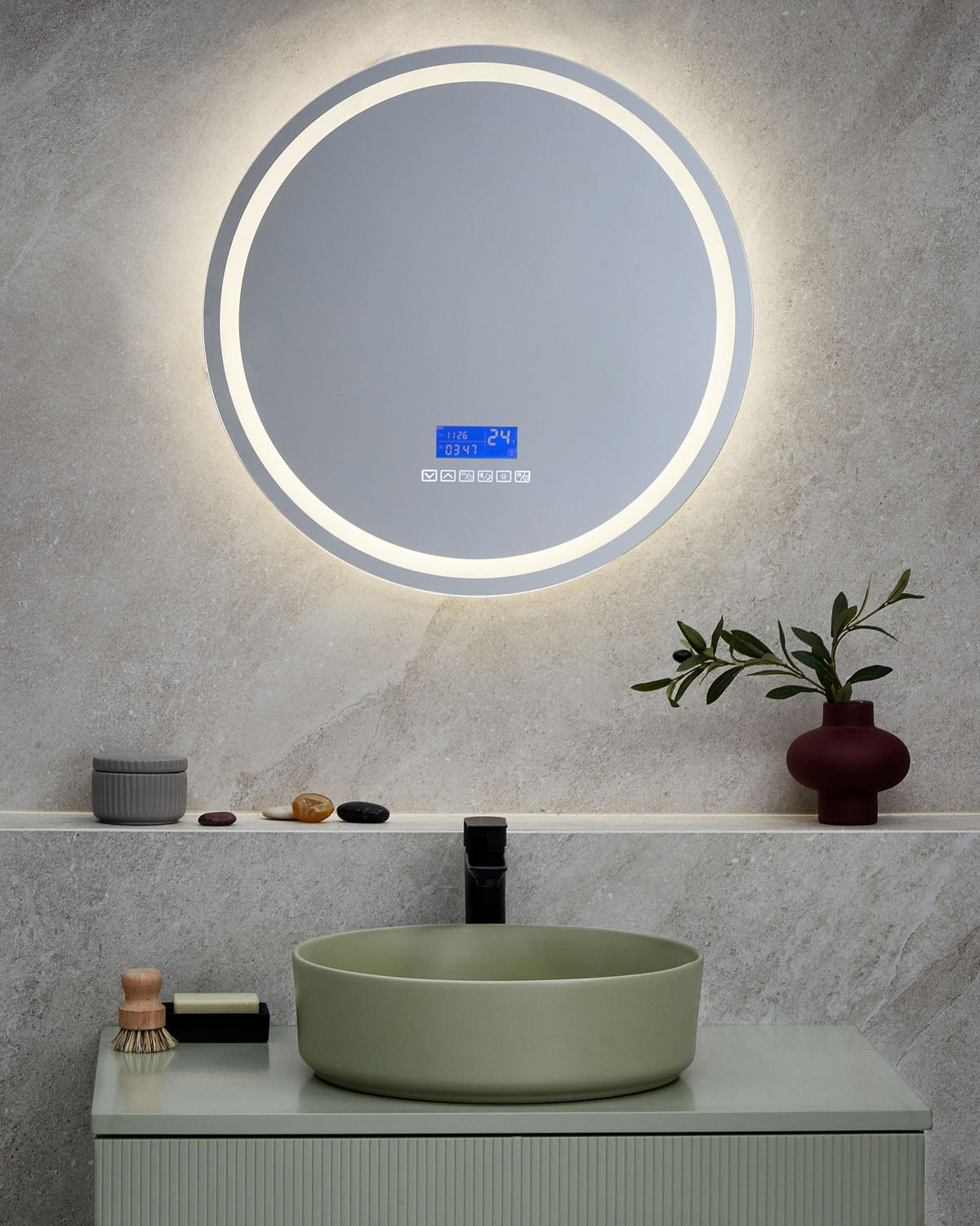 OGLINDĂ DE BAIE CU LED 60/60 cm cu Bluetooth-Lautsprecher argintie Brognon - argintiu, sticlă (60/60/4cm) - Beliani