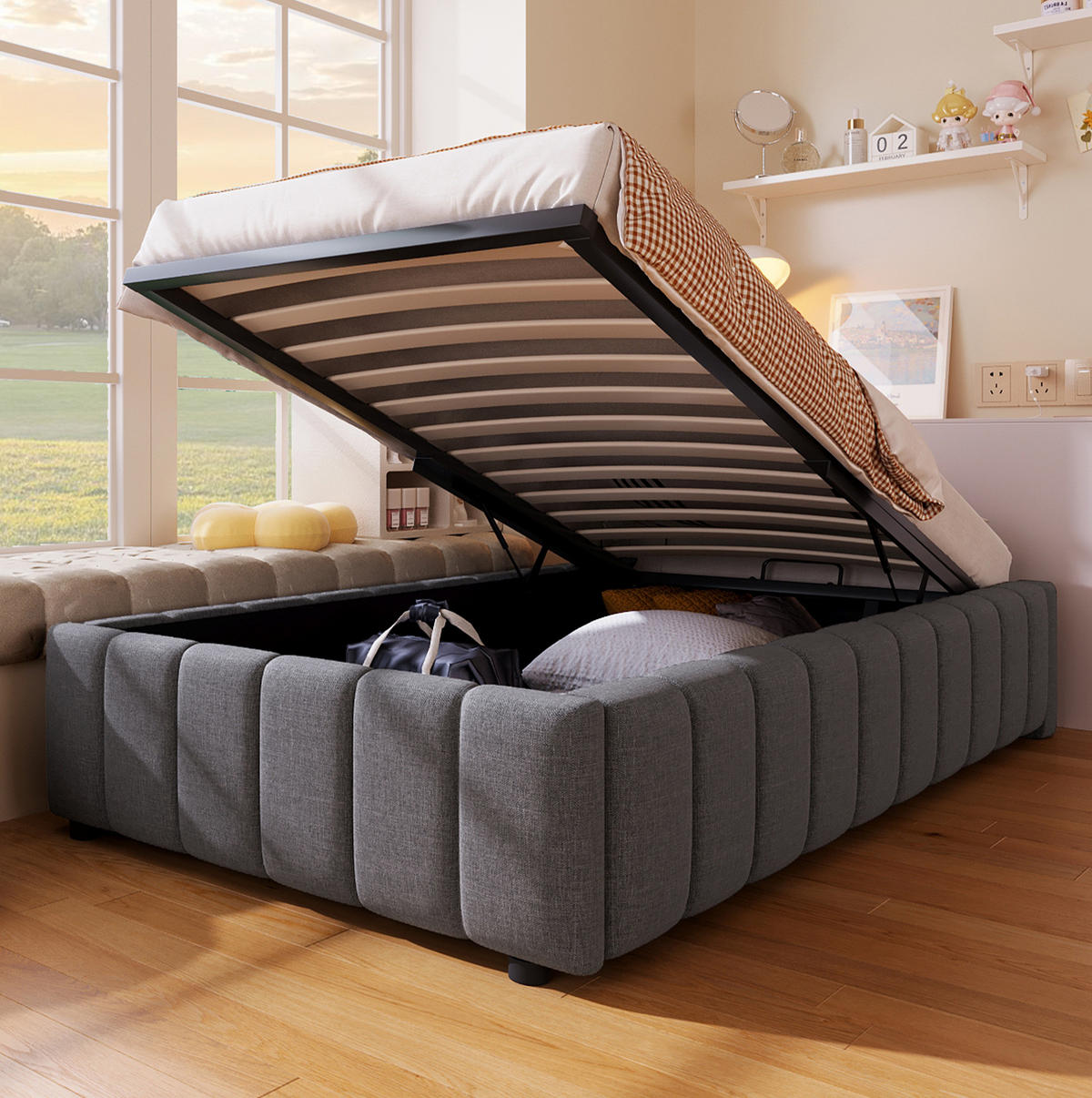 BETT mit hydraulischem Stauraum 90x200 cm Leinen Grau - Grau, Metall (90/200cm) - Meubliv