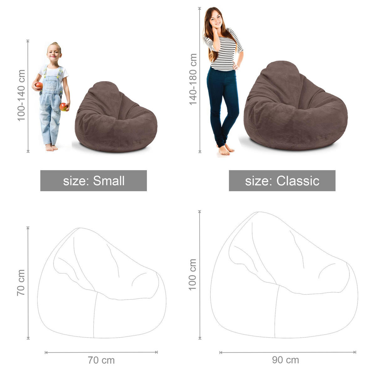 SITZSACK PARADISE MIT FUßSTÜTZE Kordsamt 2-tlg Roasted Cocoa M - Dunkelbraun/Braun, Textil (90/100/90cm) - Dreamroots