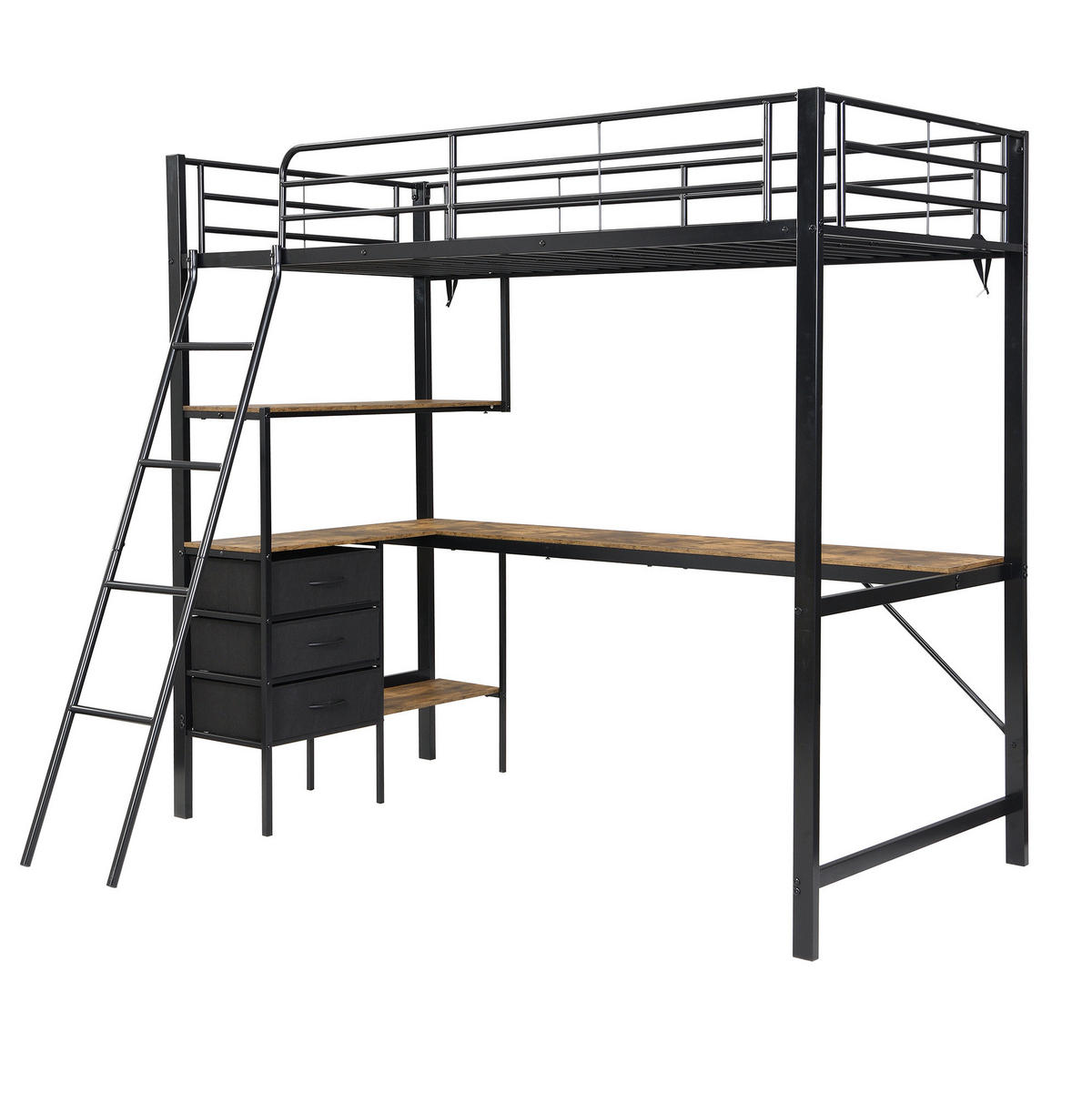 HOCHBETT 90/200 cm in Schwarz mit 2 m Schreibtisch und 3 Schubladen - Schwarz, Metall (90/200cm) - Flora Grace