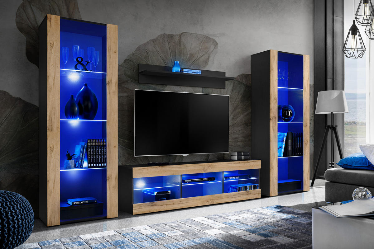 WOHNZIMMERSET TIVOLI GRANDE, 4er-Set, Eiche Wotan, LED Blau - Eiche Wotan/Schwarz, Glas/Holzwerkstoff (250/159/35cm) - Komodee