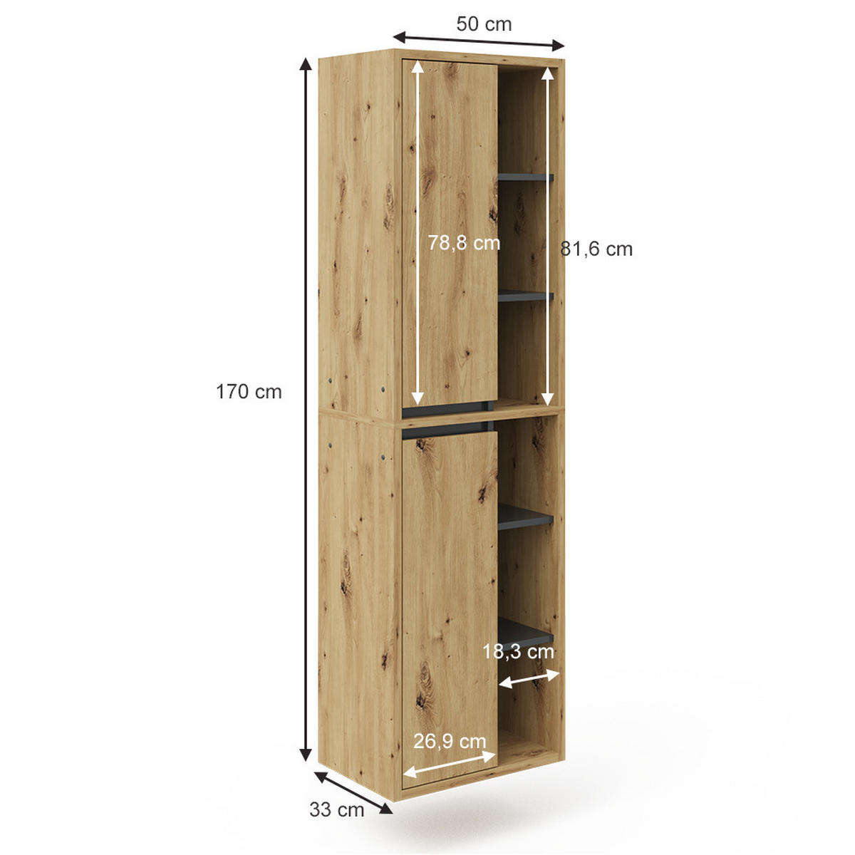 BADSCHRANK Viola Artisan-Eiche 50 x 170 cm - Eiche Artisan, Holzwerkstoff (50/170/33cm) - Vicco