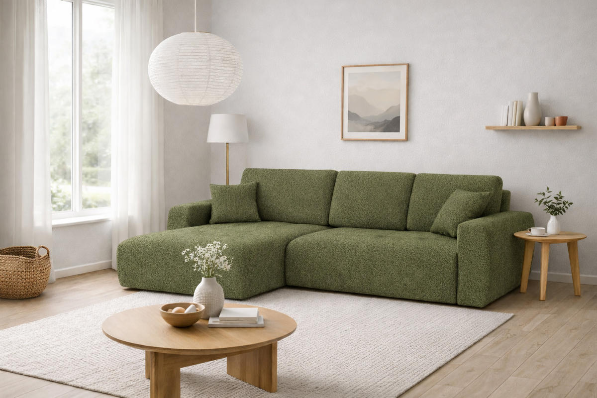 ECKSOFA Mit Schlaffunktion Und Bettkasten L-Form Ivo XL, Chenille-Stoff Artico, Moss, Links - Grün, Holz (280/142cm) - Kaiser Möbel