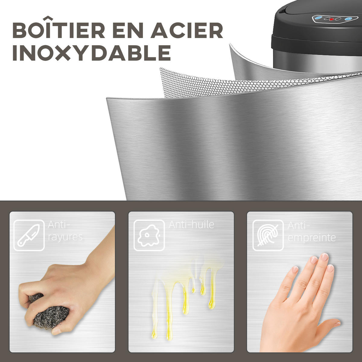 KÜCHENABFALLEIMER Silber Sensor Soft-Close Edelstahl 42L - Silberfarben, Metall (30.5/68/30.5cm) - PANGIVO