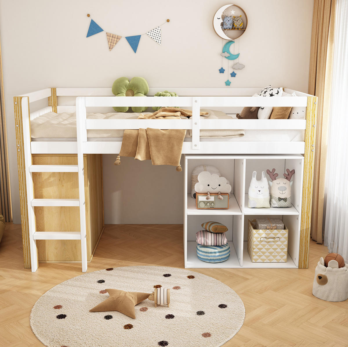KINDERHOCHBETT mit 2 Aufbewahrungsschränken, 90/200 cm, Natur/Weiß, ohne Matratze - Weiß, Holz (90/200cm) - MIVRAY