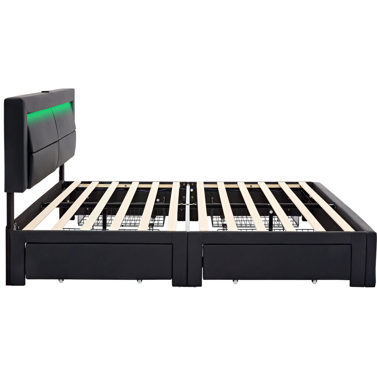 POLSTERBETT 140/200 cm mit LED-Beleuchtung, USB-Anschluss und 4 Schubladen - Schwarz, Kunststoff (140/200cm) - BEAOK
