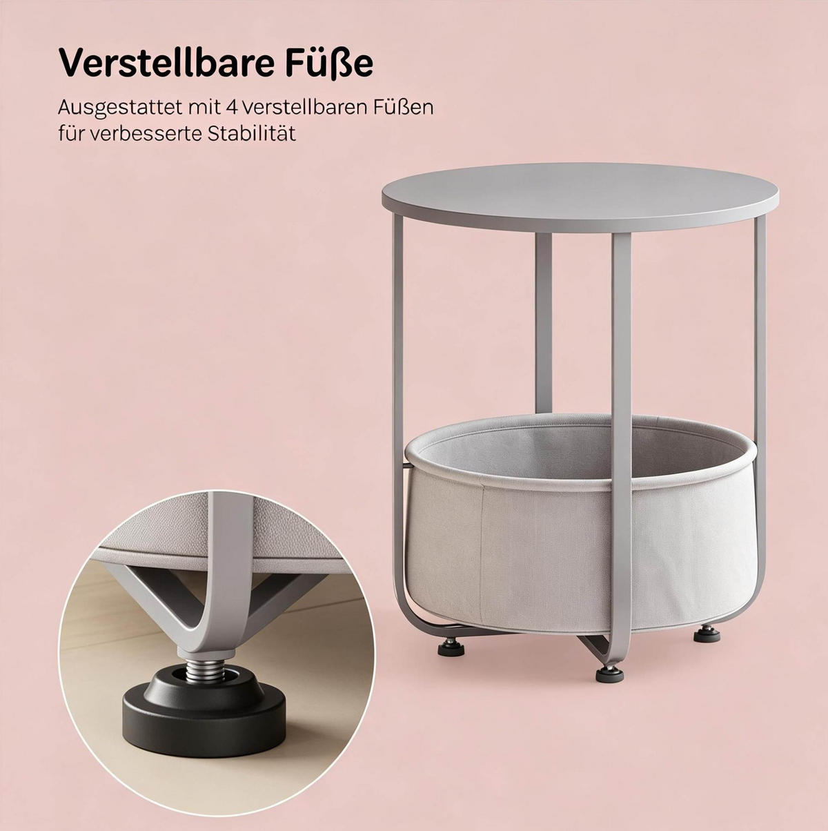 BEISTELLTISCH 45/45/50 cm mit Stoffkorb, Metallgestell und verstellbaren Füßen, Grau - Grau, Holzwerkstoff (45/45/50cm) - Redom
