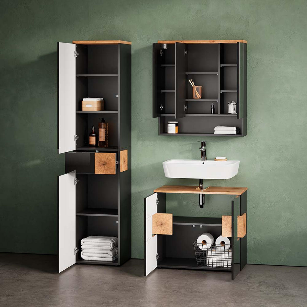 BADMÖBEL-SET Tanaro Anthrazit 3 Teile, mit Hochschrank - Anthrazit/Eiche Artisan, Holzwerkstoff (73/64/37cm) - Livinity®
