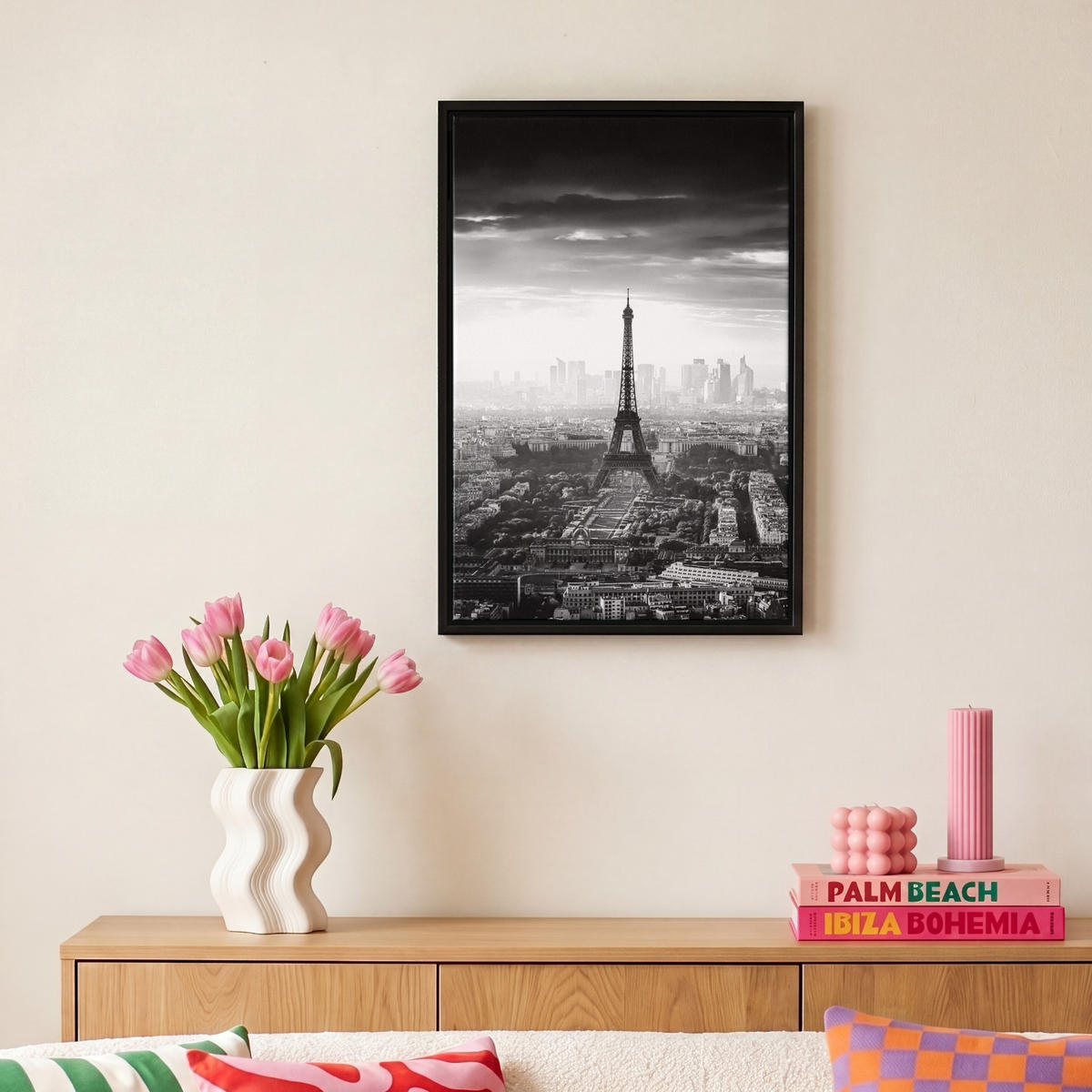 LEINWAND Bilder mit Rahmen - Paris - Skyline - Eiffelturm - Stadt - Wolken - 20x30 - Dunkelgrau, Textil (20/30cm) - MuchoWow
