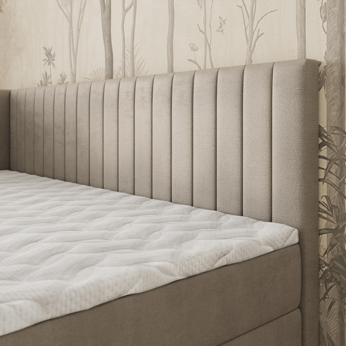 BOXBETT ARIS 90x200 cm mit Matratze und Topper, H2+H3 - Beige - Beige, Holz (90/200cm) - MASSENO