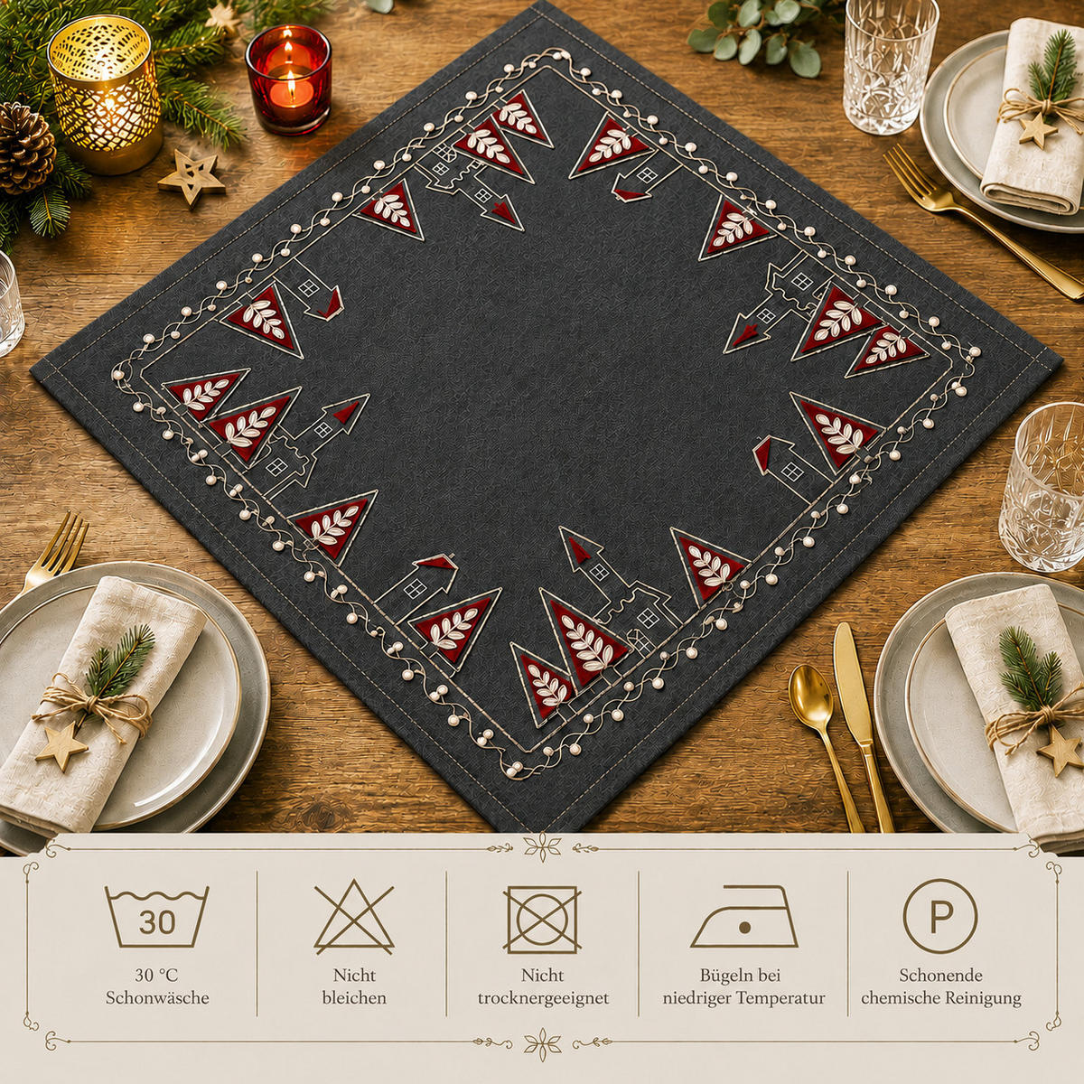 TISCHDECKE Weihnachten 85x85 cm Kirche - Rot/Grau, Textil (85/85cm) - TiborTex