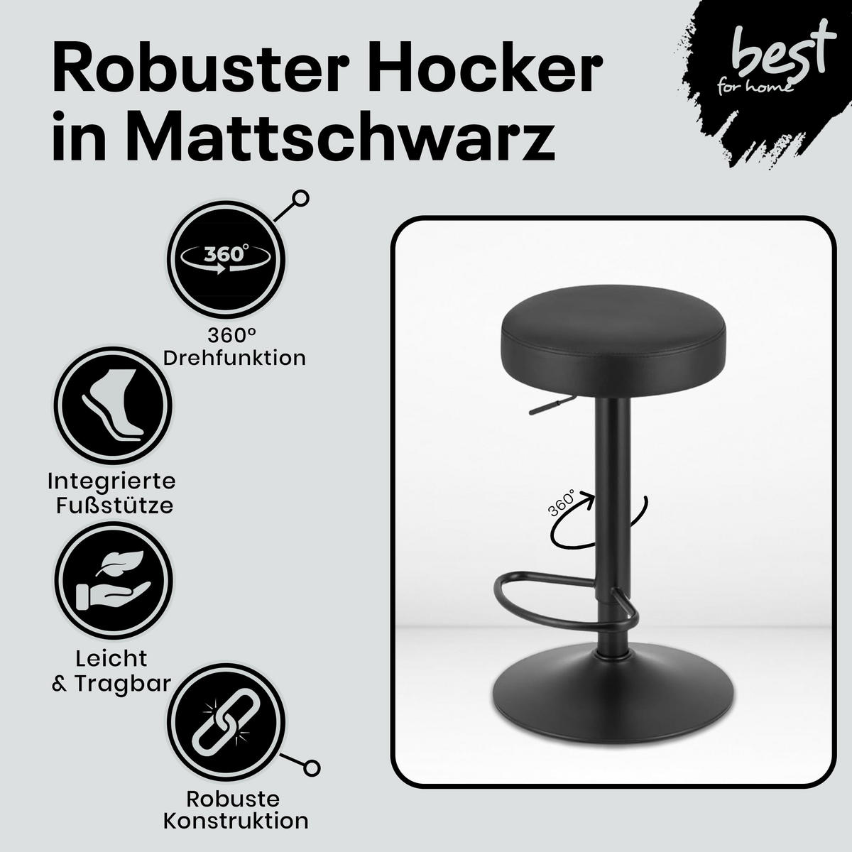 BARHOCKER - Schwarz, Drehbar Und Höhenverstellbar, Rutschfeste Basis, Modernes Design Für Küche Und Wohnzimmer - Schwarz, Textil (38/84/38cm) - Best For Home