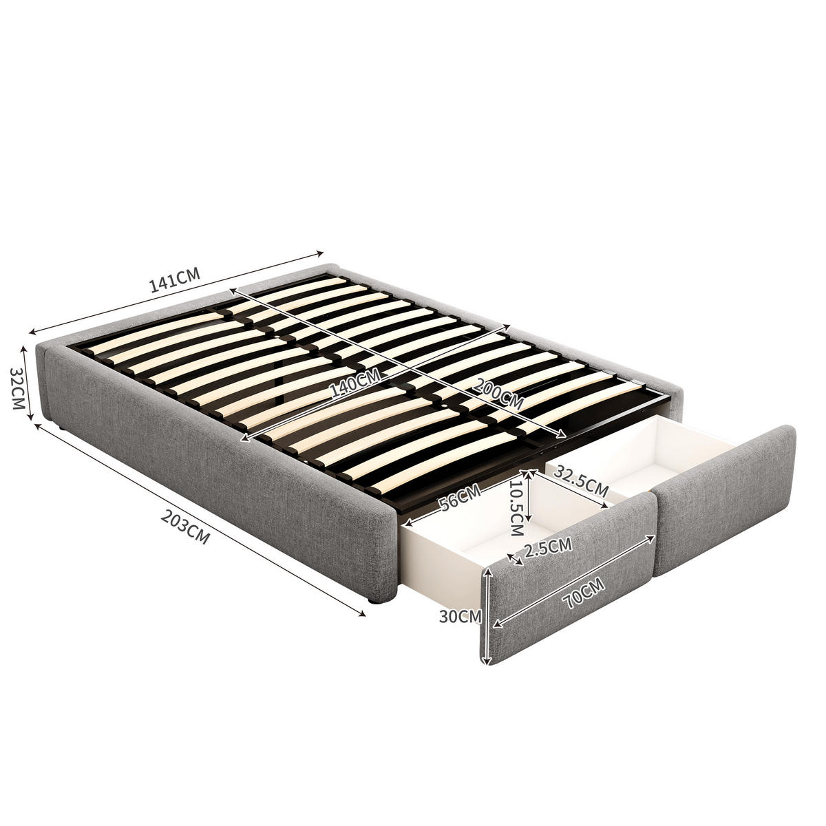 POLSTERBETT 140/200 cm grau mit hydraulischer Lagerung und 2 Schubladen - Grau, Textil (140/200cm) - OKWISH