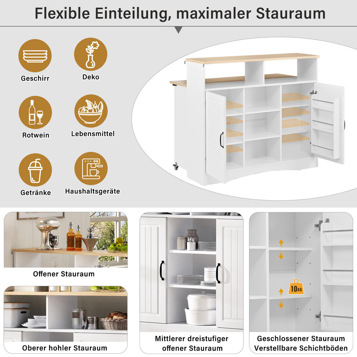 KÜCHENINSEL 110/34-68/97,5 cm Weiß mit Klapptisch, Stauraum, Rollen und 2 Hockern - Weiß, Holz/Holzwerkstoff (110/97.5/34cm) - Oxeza