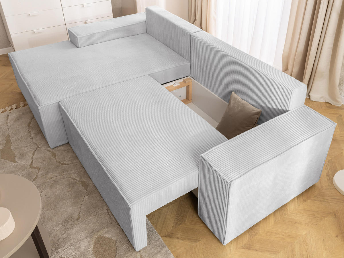 ECKSOFA Rivio mit Schlaffunktion und Bettkasten, Cordstoff Hellgrau - Hellgrau/Schwarz, Holz/Kunststoff (149/262cm) - S-Style
