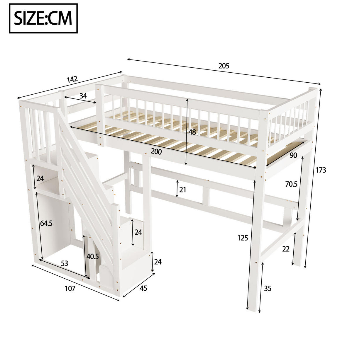 HOCHBETT aus Kiefernholz 90x200 cm Weiß mit Stauraumtreppe - Weiß, Holz (90/200cm) - IVMEU