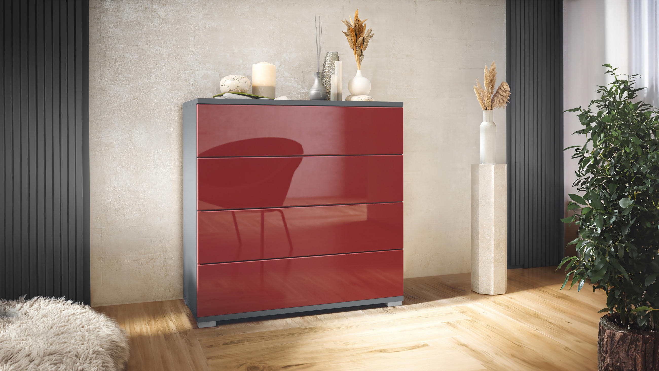KOMMODE Pavos Bordeaux Hochglanz - Bordeaux, Holzwerkstoff (76/76/35cm) - Vladon