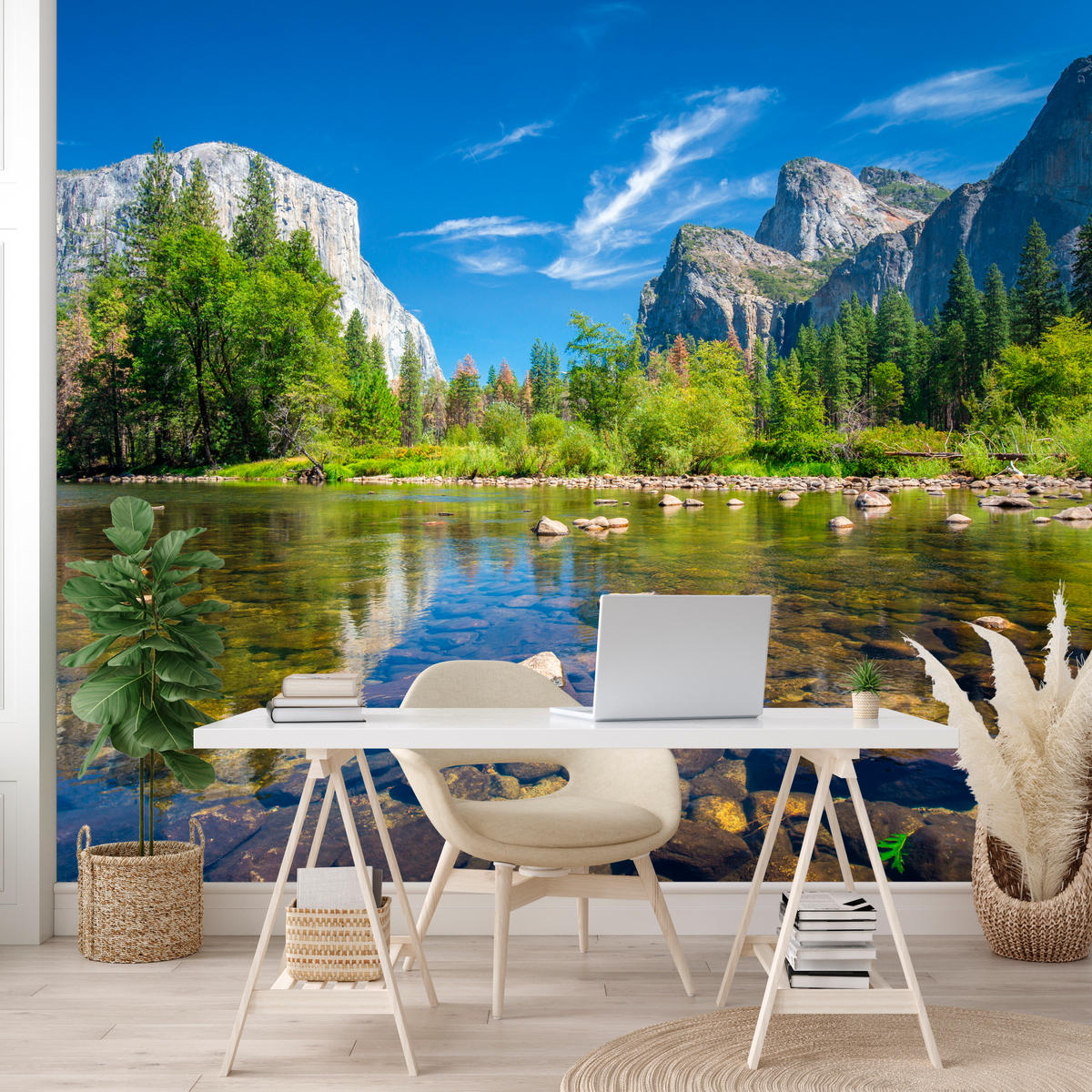 FOTOTAPETE für Wohnzimmer Yosemite Nationalpark Panorama Berge 350x256 - Blau/Beige, Papier (350/256cm) - Muralo