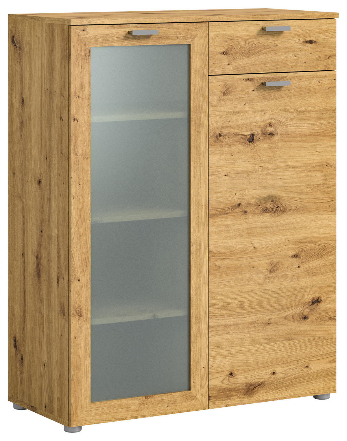 HIGHBOARD Eiche Artisan 90x115 cm, Vitrine mit Soft-Close - Silberfarben/Eiche Artisan, Glas/Holzwerkstoff (90/115/37cm) - Inn.Furn