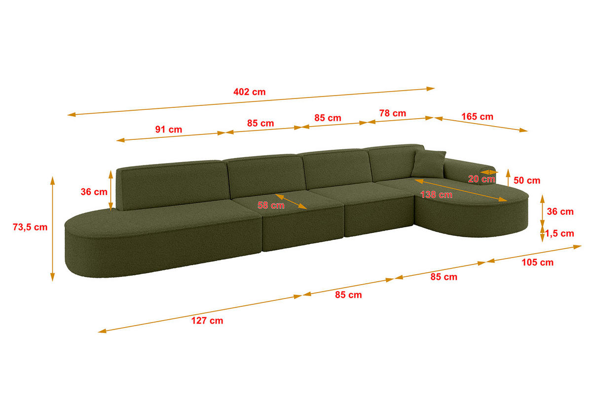 ECKSOFA Ottomane Rechts MARI-L3 - 402x163x73,5 cm Grün Bouclé - Schwarz/Grün, Holzwerkstoff/Kunststoff (402/163cm) - ALTDECOR