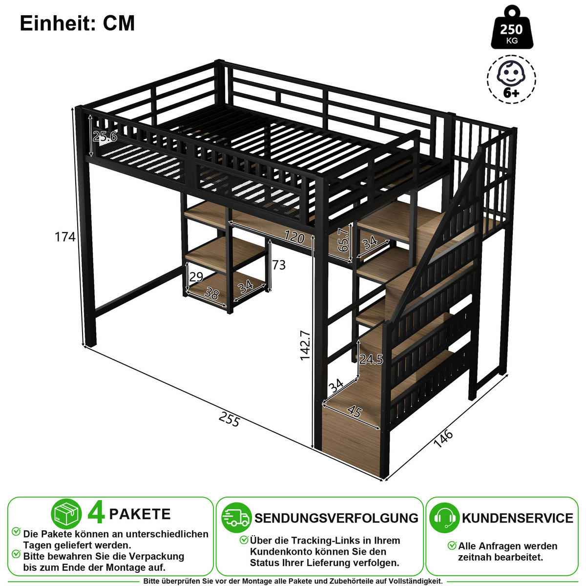 VYVÝŠENÁ POSTEL 140/200 cm v černé barvě s psacím stolem, LED a USB - černá, kov/kompozitní dřevo (140/200cm) - CHICFURN