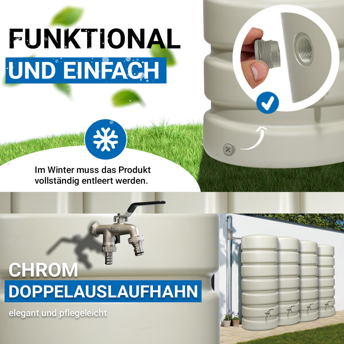 REGENTONNE Wandtank-SET Komplett-Set 2600 L, sandbeige 4 x 650 L, inkl. Verbinder und Fallrohranschluss - Beige, Kunststoff (320/192/60cm) - 4rain