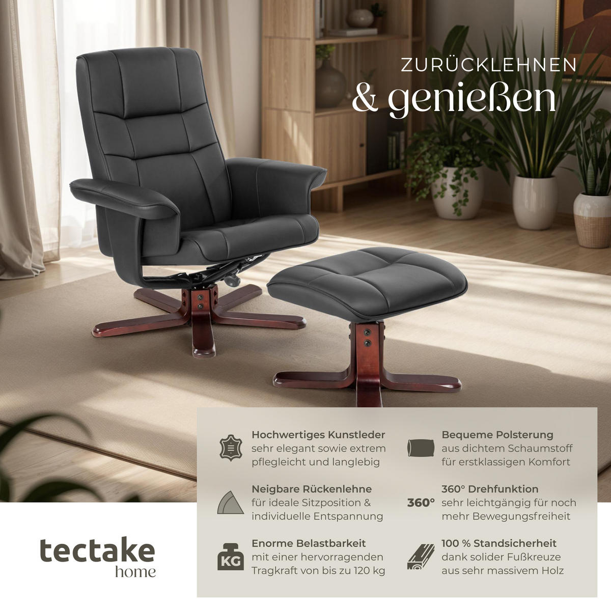 FERNSEHSESSEL ,Belastbarkeit 120 kg,schwarz/braun - Schwarz/Braun, Textil (100/95/78cm) - tectake