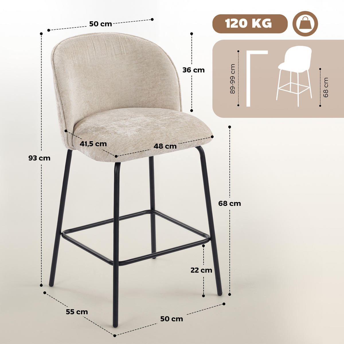 BARHOCKER 2er-Set Beige 55.0/50.0/93.0 cm - Beige, Textil (50/93/55cm)