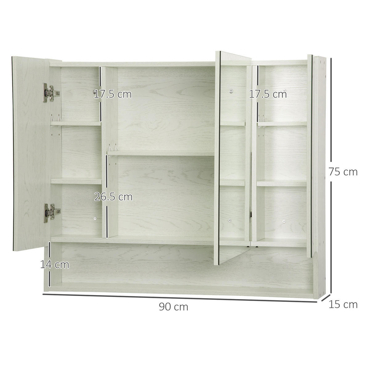 SPIEGELSCHRANK mit Spiegel, verstellbaren Einlegeböden, offenem Fach,90x15x75 cm - Weiß, Glas (90/75/15cm) - Vallsero