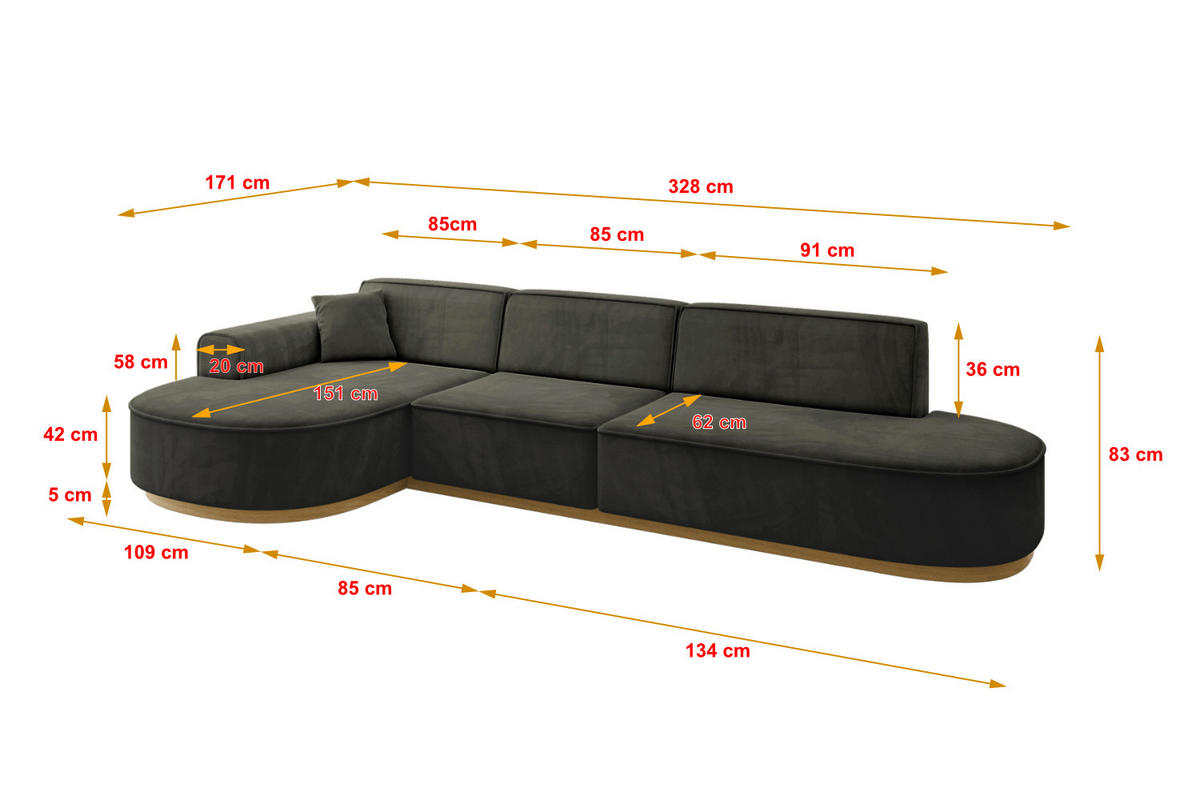 ECKSOFA Ottomane Links MARI-L2-v2 - 328x171x83 cm Schwarz Velours - Schwarz, Holzwerkstoff/Textil (328/171cm) - ALTDECOR