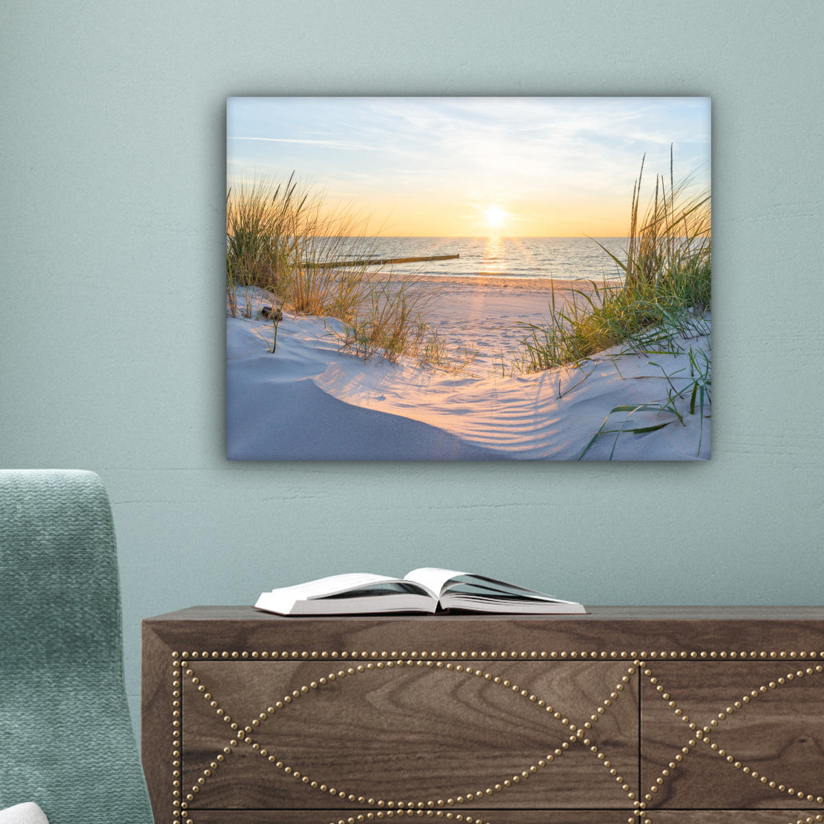 LEINWANDBILD Strand - Sonne - Düne - Gras - Sand - Horizont Wandbild 40x30 cm - Hellblau, Textil (40/30cm) - MuchoWow
