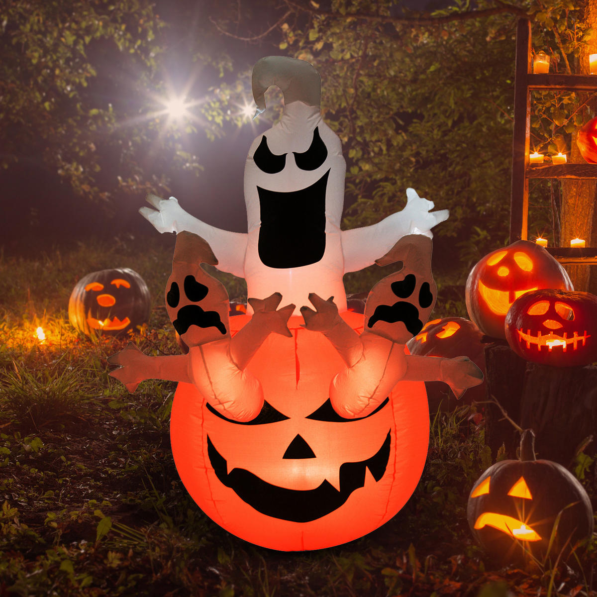 NAFUKOVACÍ halloweenská dekorace nafukovací postava LED osvětlení strom čarodějnice kočka dýně - různobarevná, plast (120/180/120cm) - HOMCOM