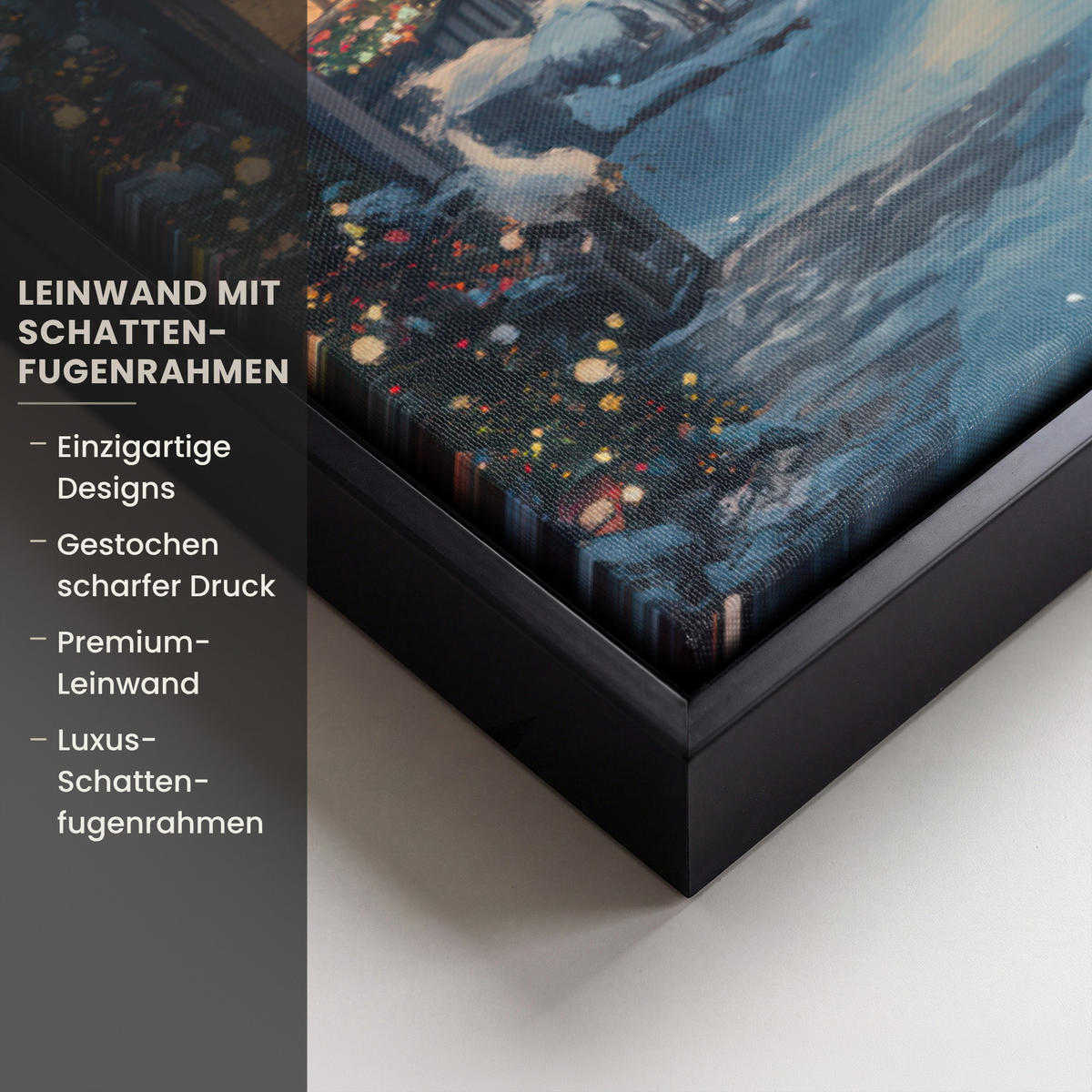 LEINWAND Bilder mit Rahmen - Weihnachtsdorf - Weihnachten - Schnee - Winter - 60x40 - Dunkelblau, Textil (60/40cm) - MuchoWow